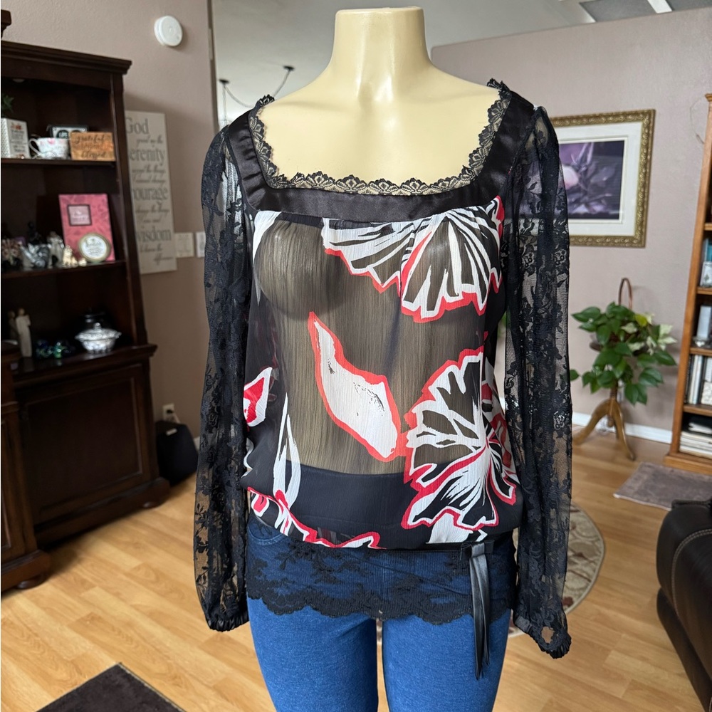 Sarafia Couture sheer black & red long sleeve blouse-size M